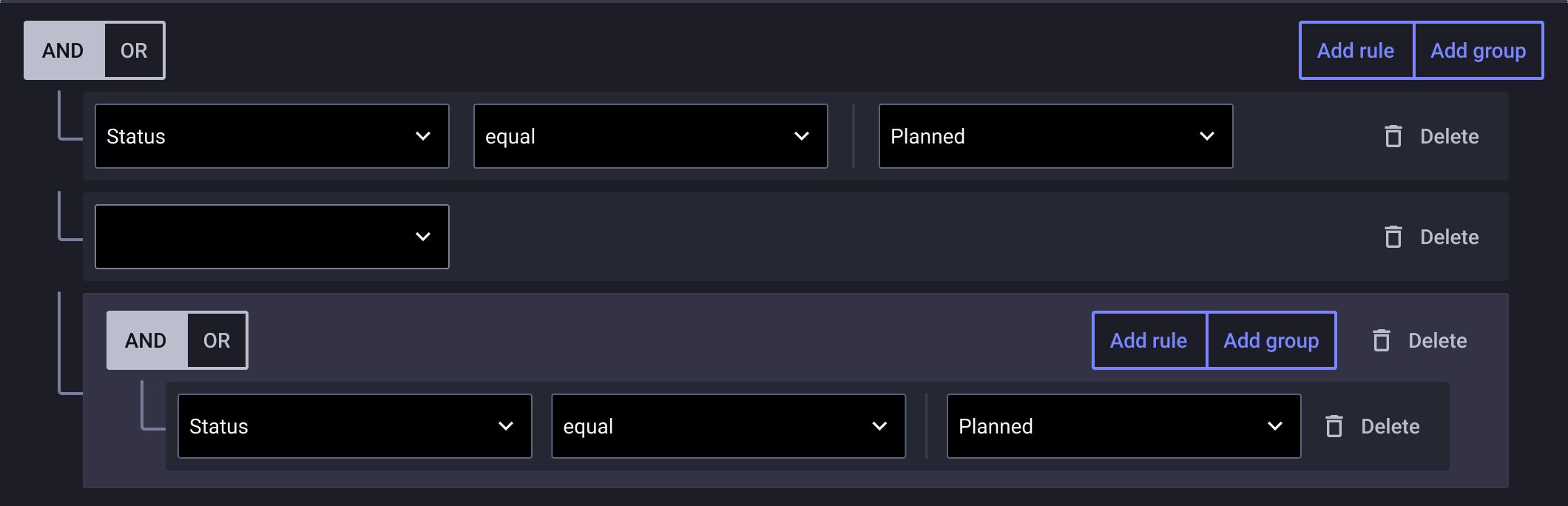 Multi-criteria filter component — nested AND/OR rule groups for querying the request table