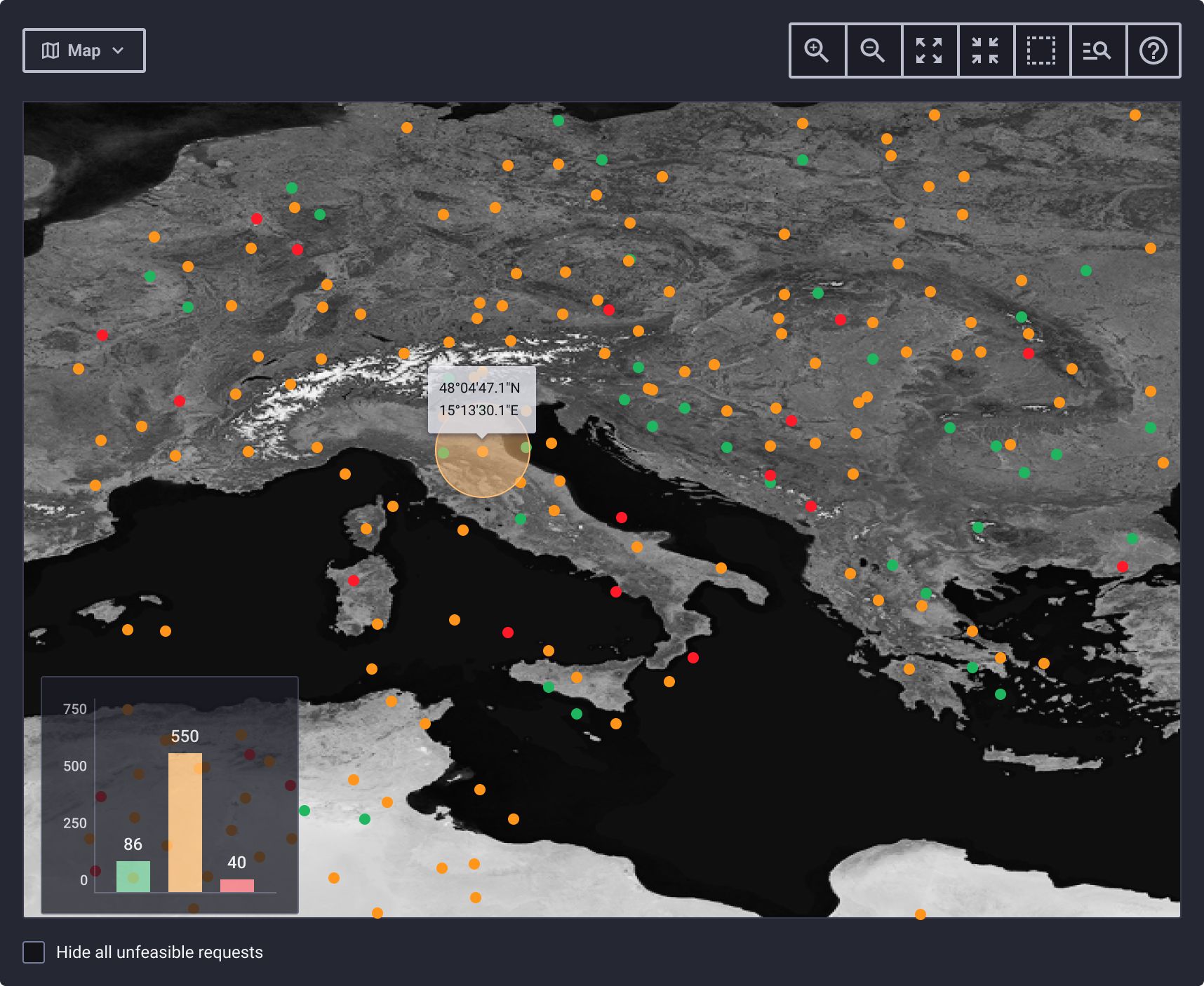 Mission map — satellite ground track and coverage visualization